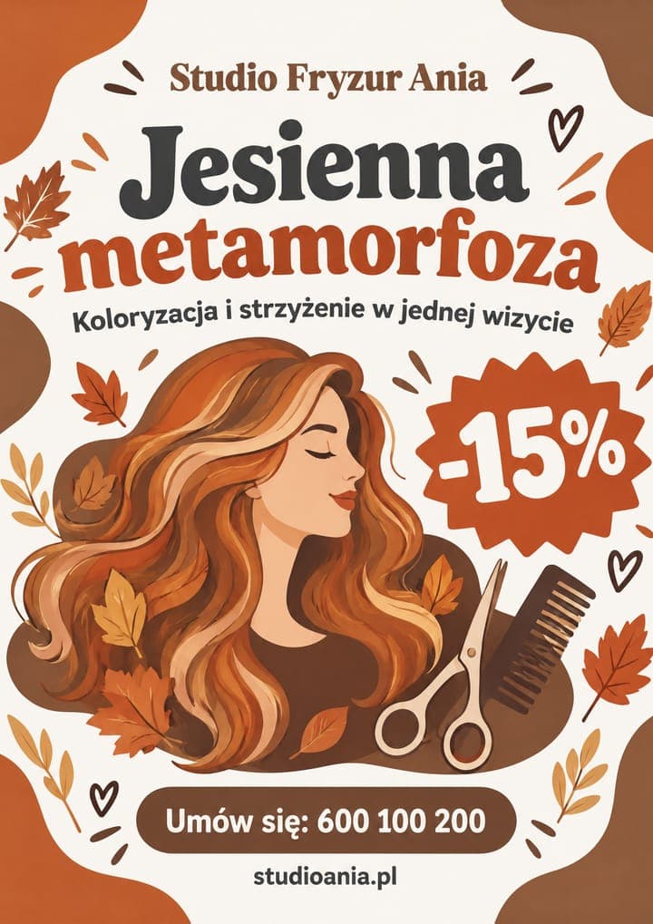 Plakat zaprojektowany przez AI w KreoMAT dla przykładowego salonu fryzjerskiego