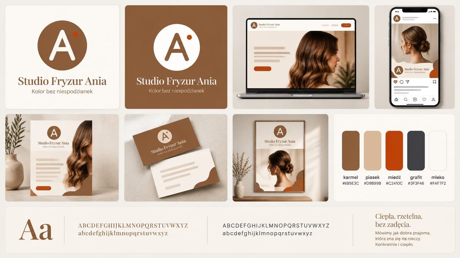 Przykładowa plansza marki z KreoMAT: logo, strona www, post na Instagramie, ulotka, wizytówki, plakat, paleta kolorów i typografia